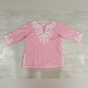 Gretchen Scott Pink Stripe Reef Embroidered Cotton Poplin Tunic size (L) Large